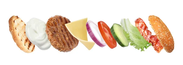 Set Ingredienti Deliziosi Hamburger Sfondo Bianco Design Banner — Foto Stock