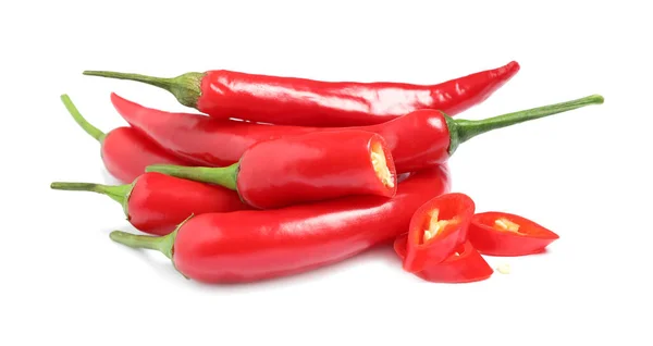 Cut Whole Red Hot Chili Peppers White Background — Stock Photo, Image
