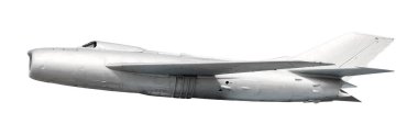 MiG-17 avcı uçağı beyaz pankart tasarımında izole edildi. Askeri makineler.