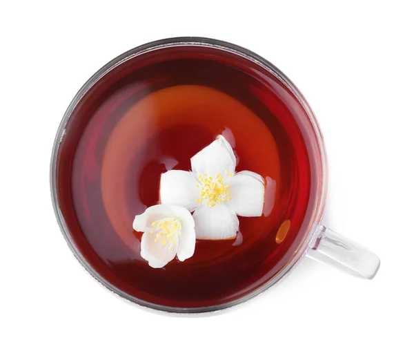 Чашка Чая Свежими Жасминовыми Цветами Изолированными Белом Вид Сверху — стоковое фото