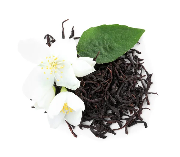 Dry Green Tea Fresh Jasmine Flowers Isolated White Top View — Stock Photo, Image