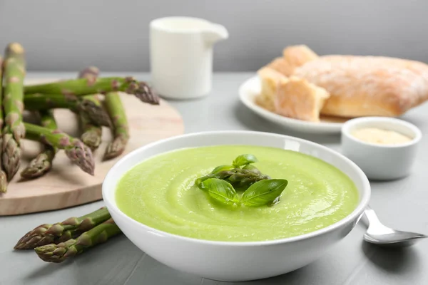 Delicious Asparagus Soup Served Grey Table — Stock Photo, Image