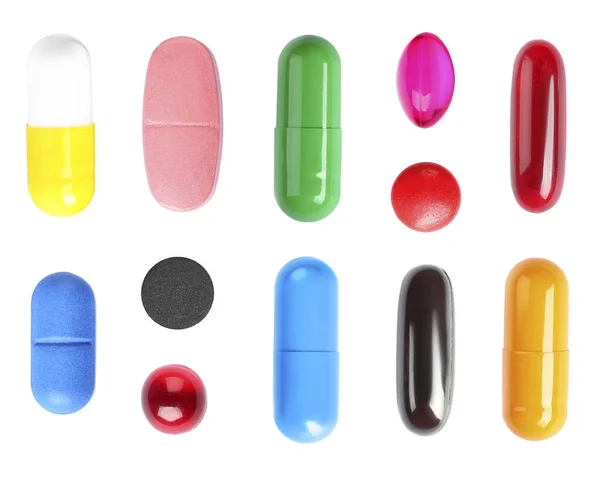 Set Colorful Pills White Background Top View — Stock Photo, Image