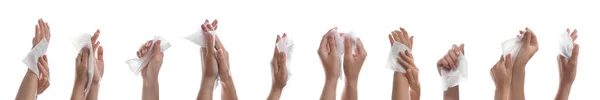 Nahaufnahme Von Menschen Die Hände Mit Feuchttüchern Auf Weißem Hintergrund — Stockfoto