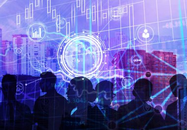 Çoklu entrika, şehir manzarası ve iş adamları. Fintech konsepti 