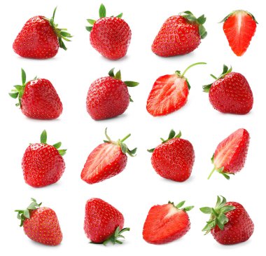 Beyaz arka planda lezzetli çileklerle ayarlanmış.