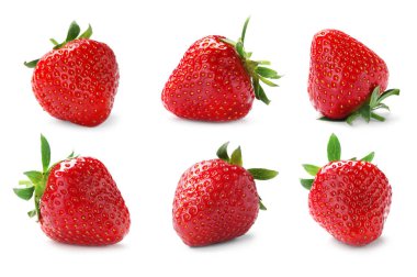 Beyaz arka planda lezzetli çileklerle ayarlanmış.