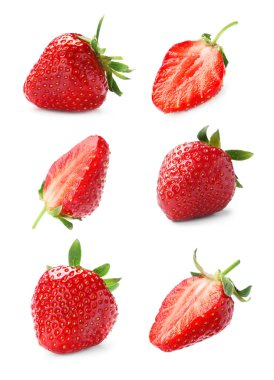 Beyaz arka planda lezzetli çileklerle ayarlanmış.