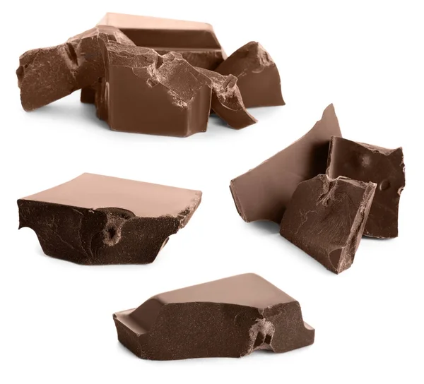 Set Con Deliciosos Trozos Chocolate Con Leche Sobre Fondo Blanco — Foto de Stock