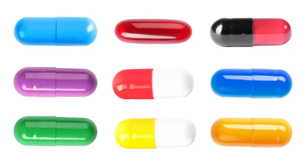Zestaw Kolorowymi Tabletkami Białym Tle Widok Góry Projekt Banera — Zdjęcie stockowe