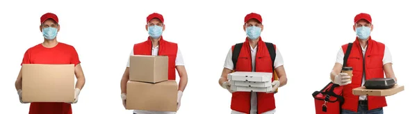 Collage Photos Courier Protective Mask Holding Orders Boxes White Background — Stock Photo, Image