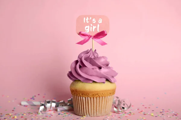 Baby Douche Cupcake Voor Meisje Roze Achtergrond — Stockfoto