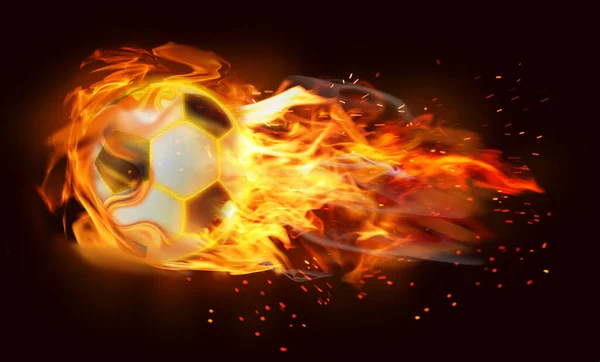 Voetbal Met Felle Vlam Vliegen Zwarte Achtergrond — Stockfoto