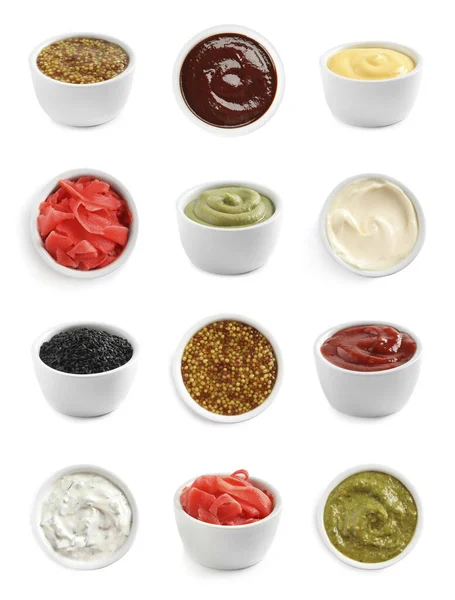 Set Van Verschillende Heerlijke Sauzen Specerijen Witte Achtergrond — Stockfoto