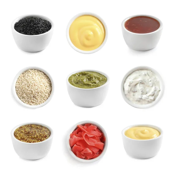 Set Different Delicious Sauces Condiments White Background — Stock Photo, Image