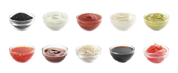 Conjunto Diferentes Salsas Deliciosas Condimentos Sobre Fondo Blanco Diseño Banner —  Fotos de Stock