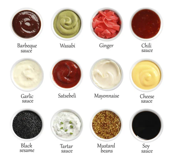Conjunto Diferentes Salsas Deliciosas Condimentos Sobre Fondo Blanco Vista Superior —  Fotos de Stock