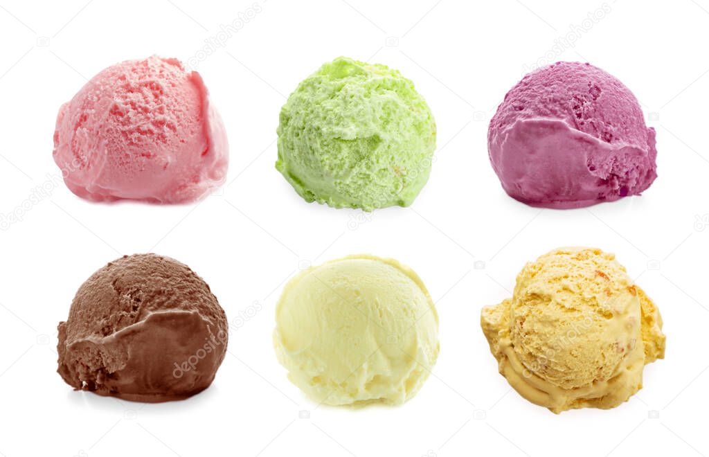Set with scoops of different ice creams on white background