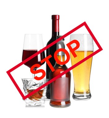 Set of different alcohol drinks and STOP sign on white background clipart