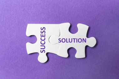 Mor arkaplan, üst görünüm üzerinde SUCCESS ve SOLUTION sözcükleriyle uyumsuz beyaz yapboz parçaları