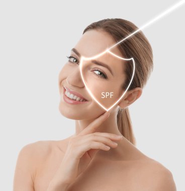 SPF kalkanı ve beyaz arka planda sağlıklı cilde sahip güzel genç bir kadın. Güneş koruma kozmetik ürünü