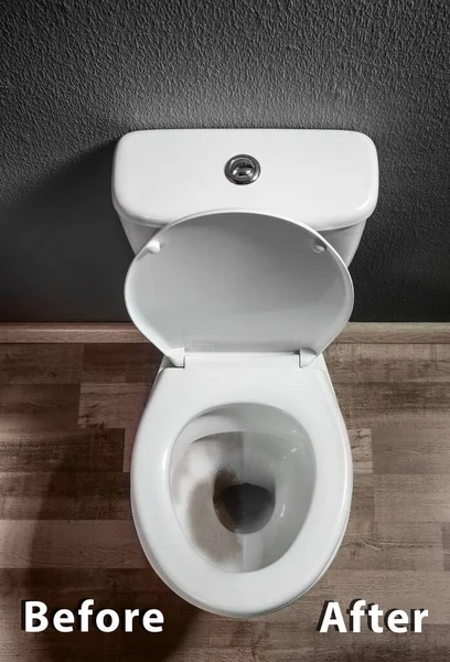Toilettenschüssel Vor Und Nach Der Reinigung Bad Oben Blick — Stockfoto