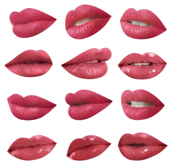 Set Mouths Beautiful Makeup White Background Stylish Pink Lipstick — Stock Photo, Image