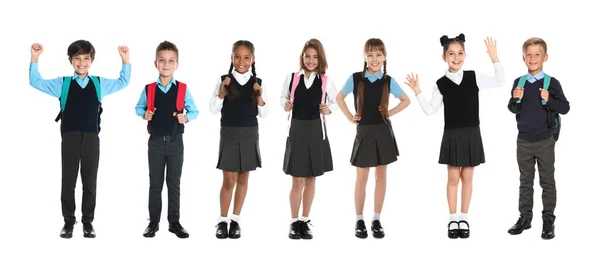 Niños Con Uniformes Escolares Sobre Fondo Blanco Diseño Banner —  Fotos de Stock