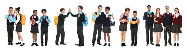 Niños Con Uniformes Escolares Sobre Fondo Blanco Diseño Banner — Foto de Stock