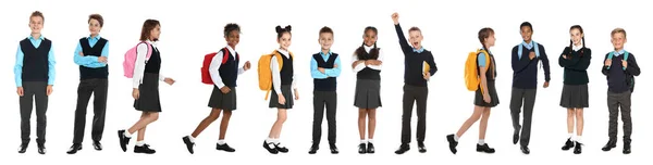 Děti Školních Uniformách Bílém Pozadí Návrh Nápisu — Stock fotografie