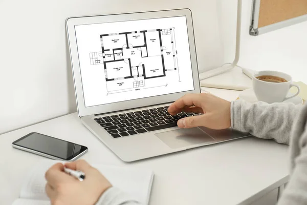 Architect Maken Project Van Huis Laptop Kantoor Close — Stockfoto