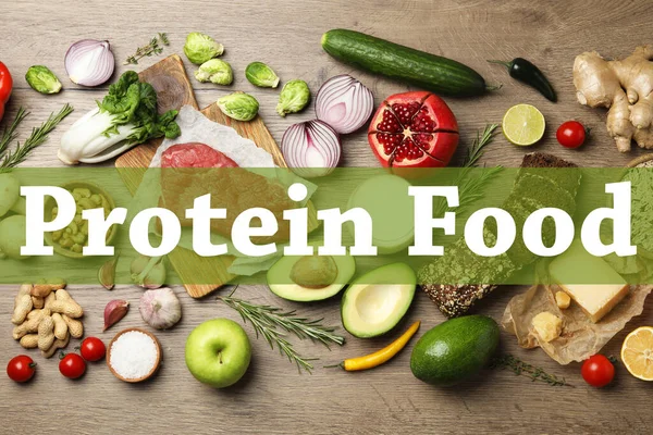 Composição Leigos Planos Com Alimentos Ricos Proteína Mesa Madeira — Fotografia de Stock