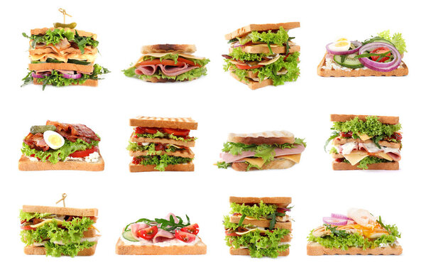 Set of toasted bread with different toppings on white background