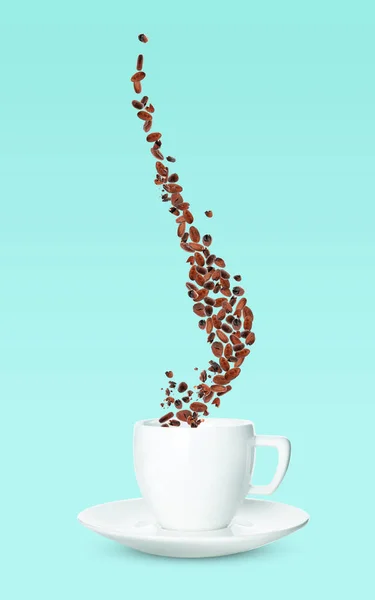 Kakaobohnen Fallen Tasse Auf Türkisfarbenem Hintergrund — Stockfoto