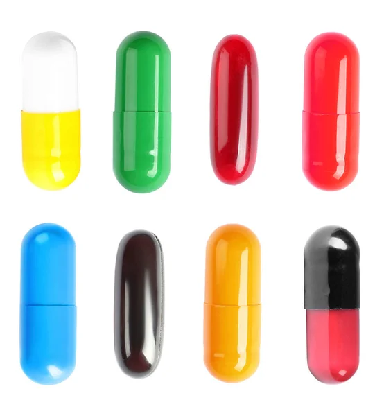 Set Met Kleurrijke Pillen Witte Achtergrond Bovenaanzicht — Stockfoto