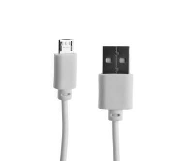 USB kablo kablosu beyaz, üst görünümde izole edildi. Modern teknoloji