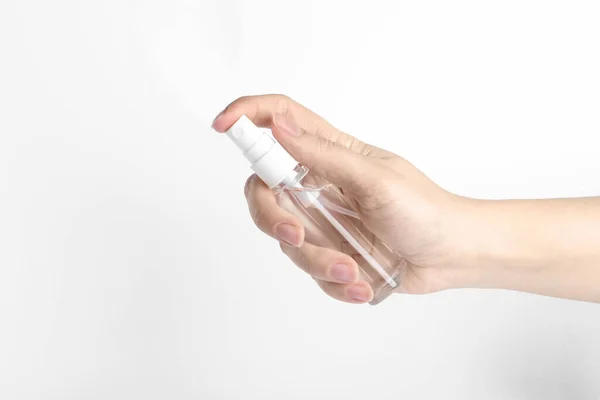 Woman Holding Antiseptic Spray White Background Closeup — Stock Photo, Image