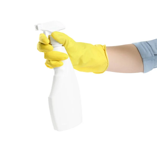 Persoon Rubberen Handschoen Met Wasmiddel Spray Witte Achtergrond Close Van — Stockfoto