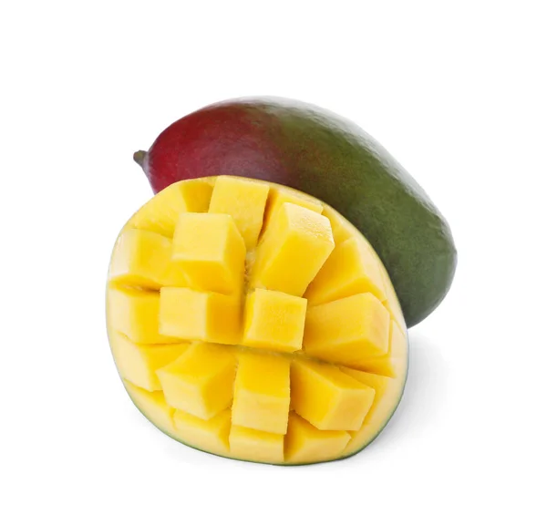 Cut Whole Ripe Mangoes Isolated White — Stock Photo, Image