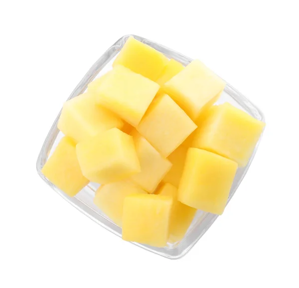 Chutné Mango Kostky Skleněné Misce Izolované Bílém Pohled Shora — Stock fotografie
