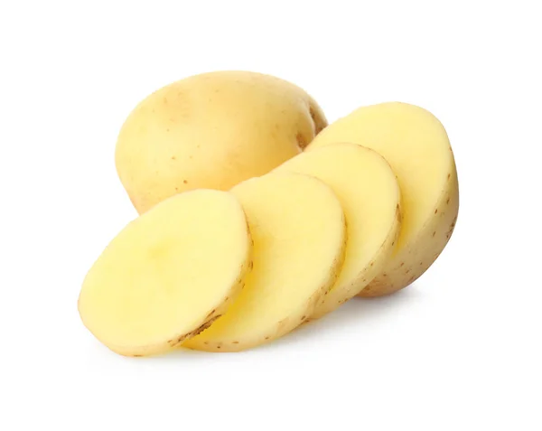 Ganze Und Geschnittene Frische Bio Kartoffeln Auf Weißem Hintergrund — Stockfoto