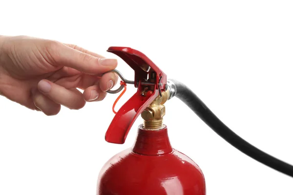 Beyaz Arka Planda Yangın Söndürücü Kullanan Kadın Yakın Plan — Stok fotoğraf