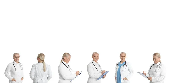 Collage Mit Fotos Von Reifem Arzt Auf Weißem Hintergrund Bannerdesign — Stockfoto