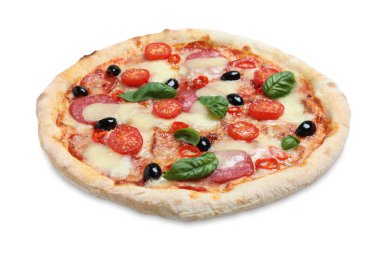 Diablo beyaz üzerine izole edilmiş sıcak lezzetli pizza.