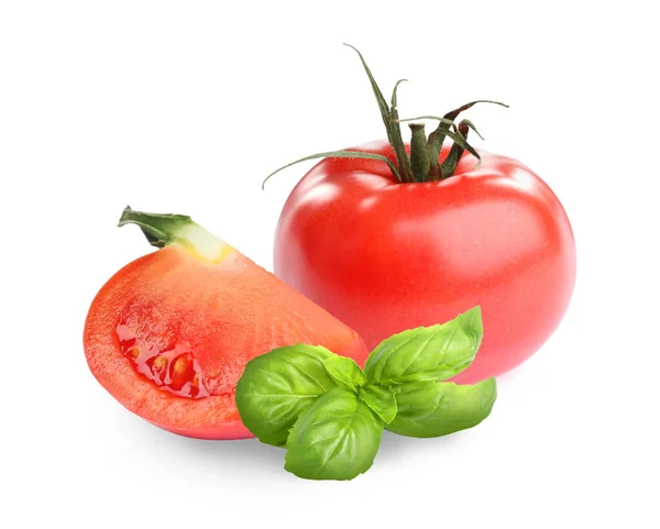 Foglie Basilico Fresche Pomodori Biologici Isolati Bianco — Foto Stock