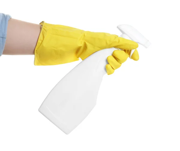 Persoon Rubberen Handschoen Met Wasmiddel Spray Witte Achtergrond Close Van — Stockfoto