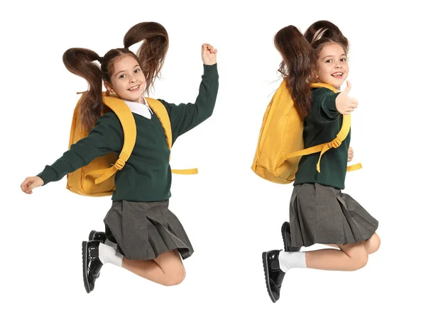 Chica Uniforme Escolar Saltando Sobre Fondo Blanco —  Fotos de Stock
