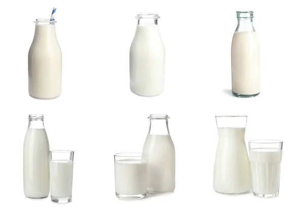 Set Mit Verschiedenen Gläsern Frischer Milch Auf Weißem Hintergrund — Stockfoto