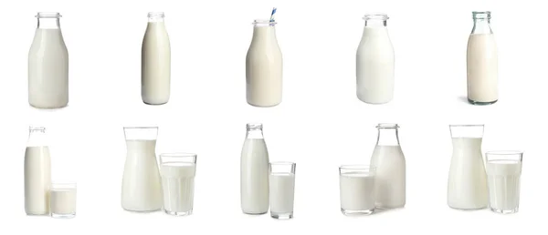 Set Different Glassware Fresh Milk White Background Banner Design — Stock Photo, Image