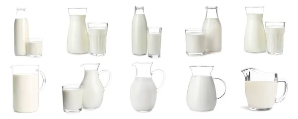 Zestaw Różnymi Szklankami Świeżego Mleka Białym Tle Projekt Banera — Zdjęcie stockowe